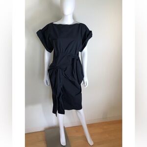 Bottega Veneta Dark Navy Blue Boat Neck Short Sleeve Bias Midi Bow Dress Size 10